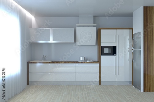 New white contemporary kitchen with hardwood and window