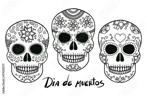 Hand drawn vector black and white outline day of the dead skulls, good for coloring