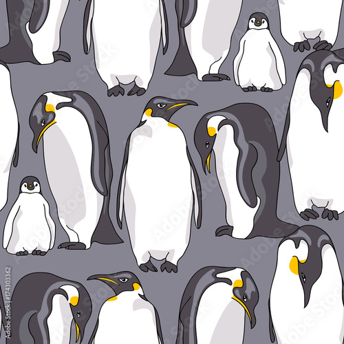 Seamless pattern with image of Emperor penguin on a gray background. Vector illustration.