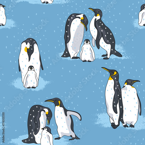 Seamless pattern with image of a penguins on a blue background. Vector illustration.