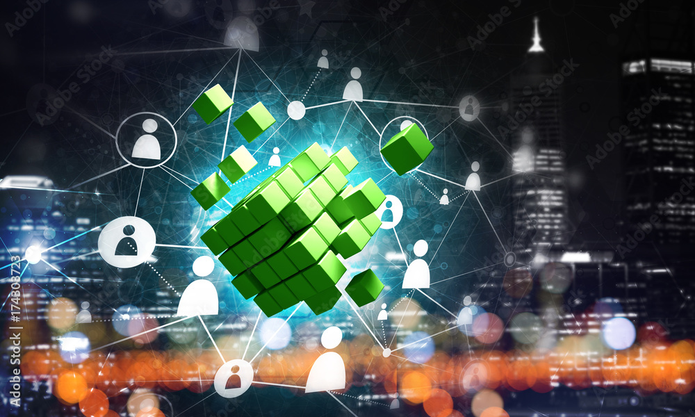 Naklejka premium Concept of Internet and networking with digital cube figure on dark background