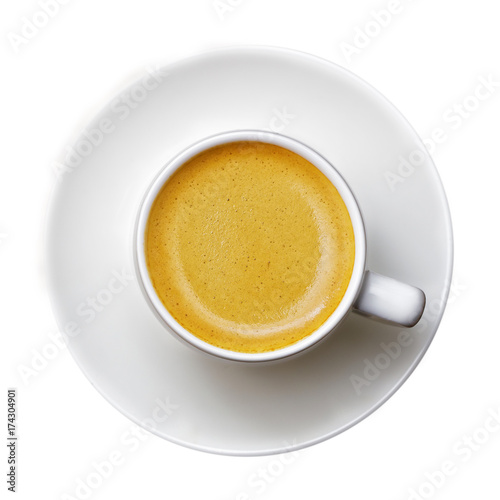 Closeup white cup of coffee espresso isolated on white. Top view.