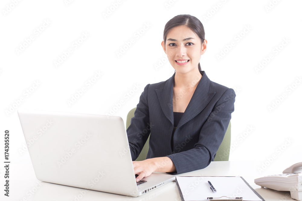 Asian Woman using laptop for work with attractive smiling, Woman working concept, Isolated on white background. Asian Woman using laptop for work with attractive smiling, Woman working concept, Isolated on white background.