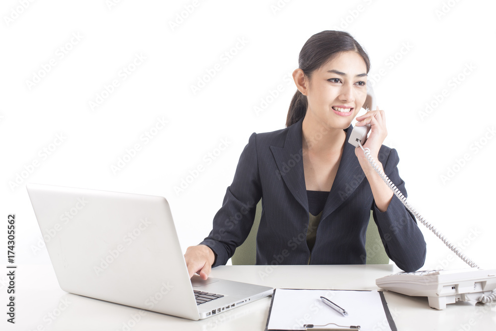Asian Woman using telephone for work, Woman working concept, Isolated on white background. Asian Woman using telephone for work, Woman working concept, Isolated on white background.
