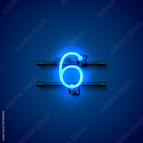 Neon city font sign number 6, signboard six. Vector illustration