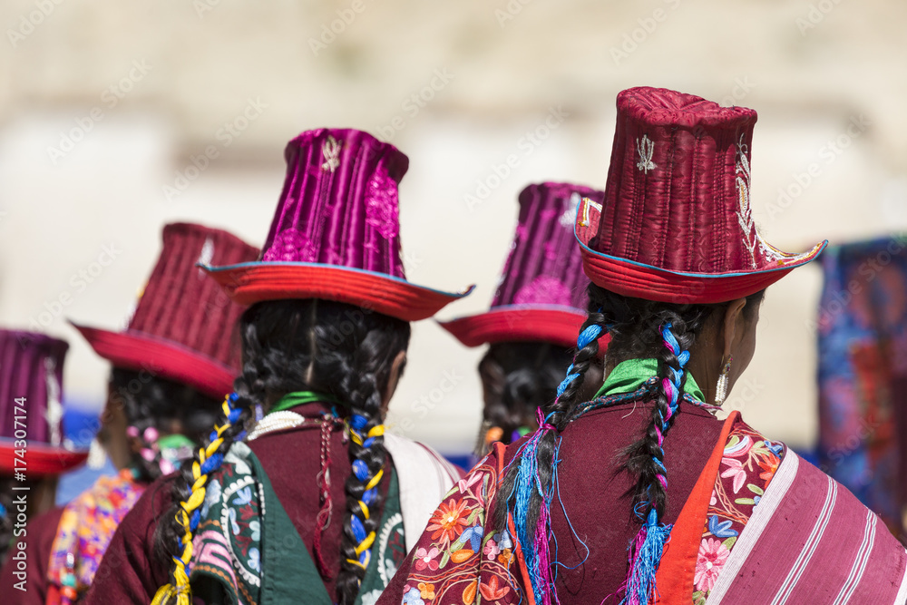 Unidentified artists in Ladakhi costumes at the Ladakh Festival, Leh, India.