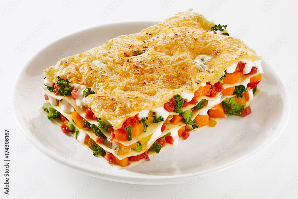 Healthy portion of fresh vegetable lasagne Healthy portion of fresh vegetable lasagne