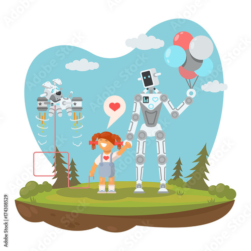 Robots and girl. Robot nanny