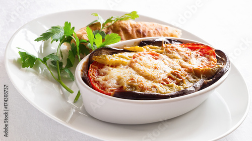 layered meat and vegetable moussaka photo