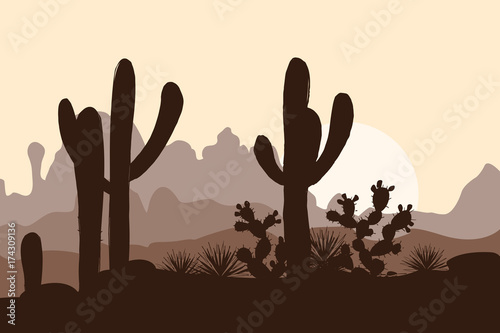 Morning landscape with saguaro cacti, prickly pear, and agaves in mountains. Vector illustration. Cute brown palette