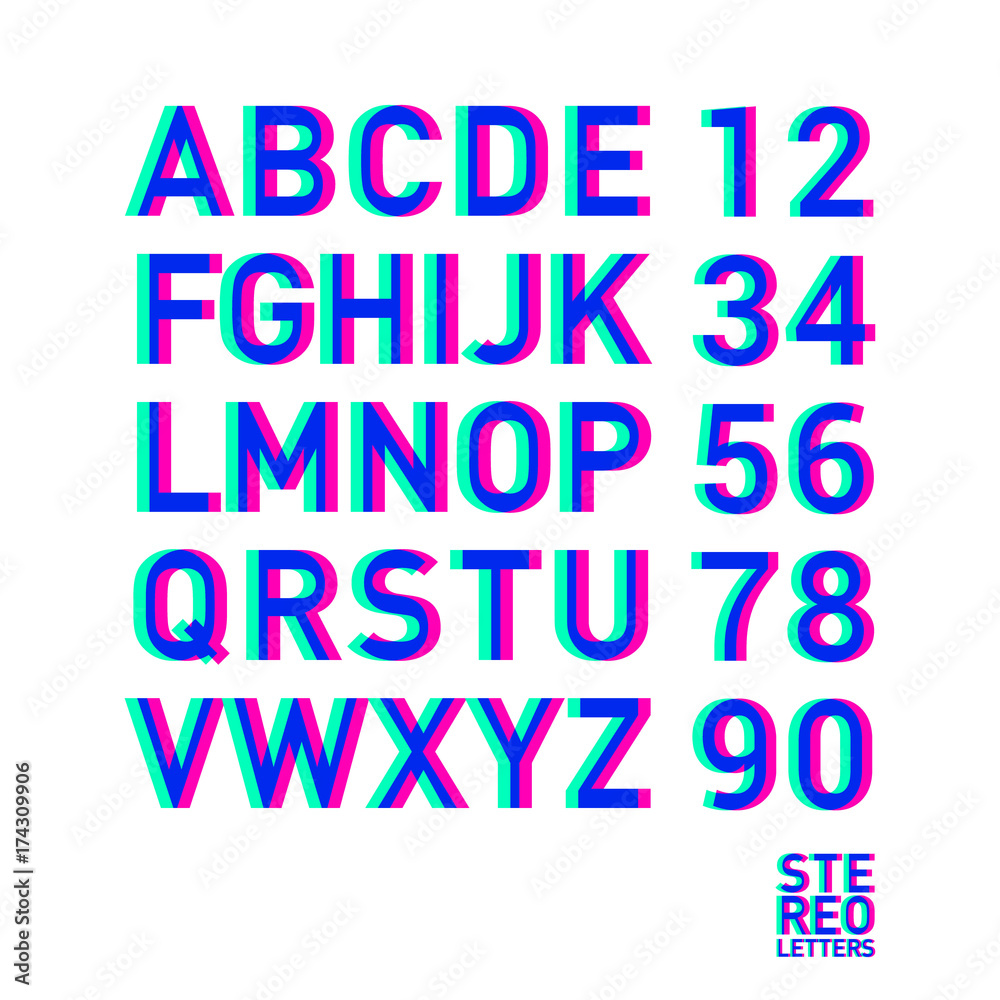 Stereo alphabet. Stereoscopic letters in numbers. The alphabet is pink with green. Letters for the poster.
