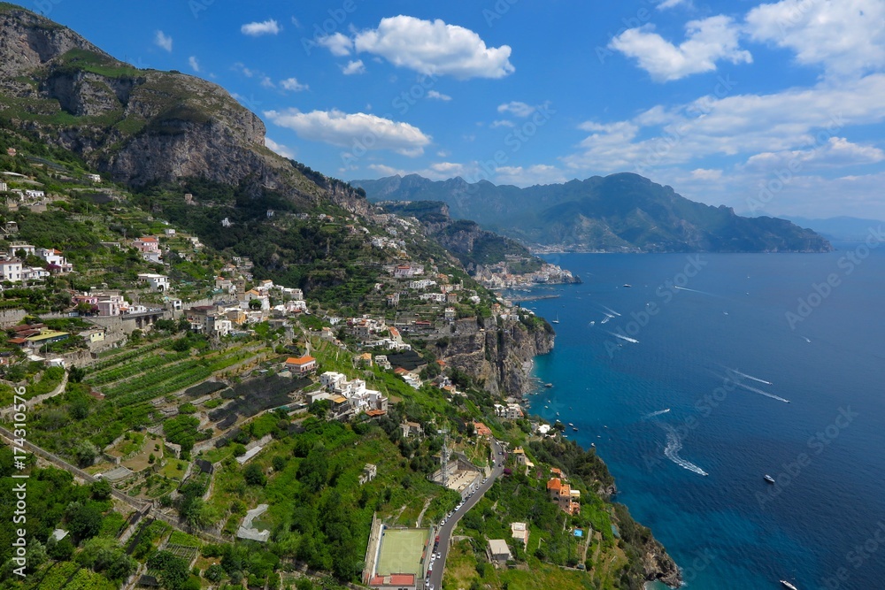 Amalfi Coast Italy view of sea and terraced hills
