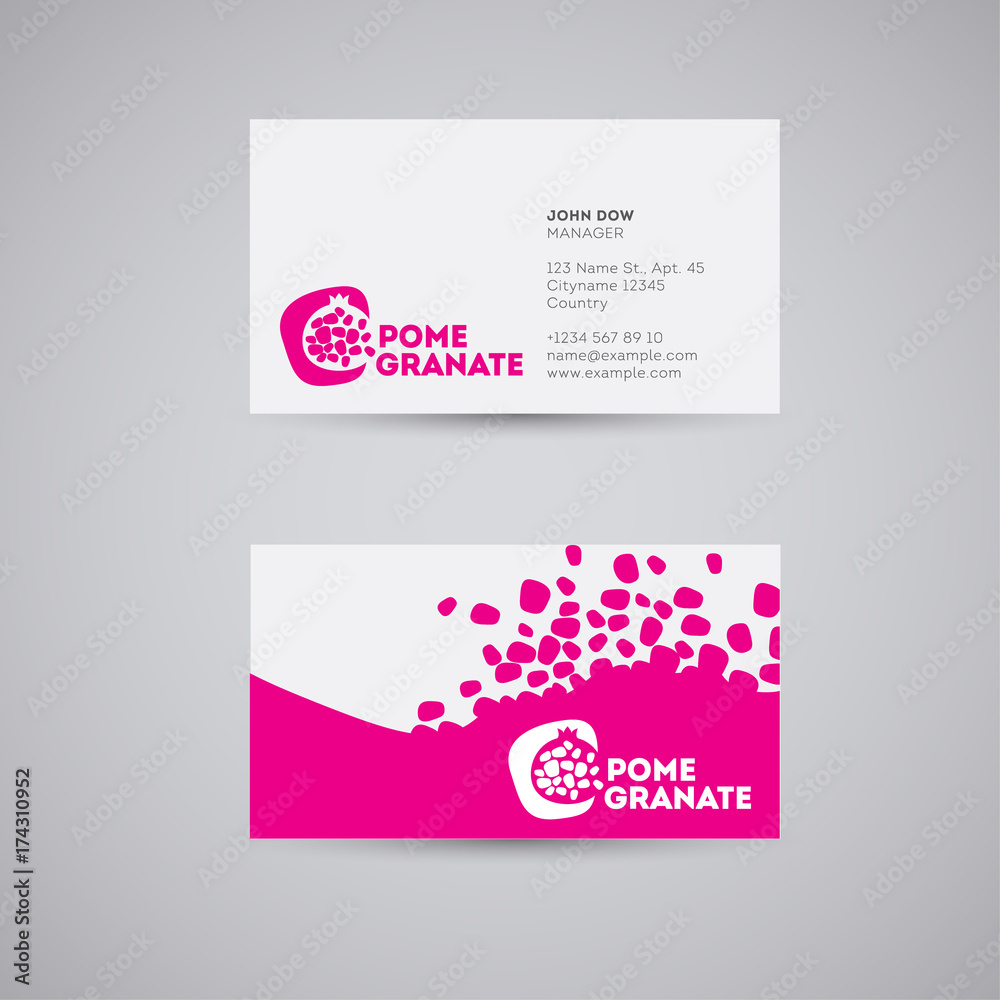 Pomegranate logo. Pomegranate emblem, identity. Business card. Pomegranate and grains on a light background.