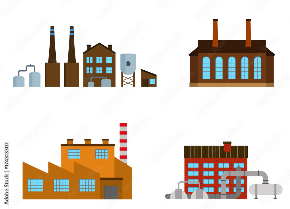 Factories set isolated on white background. Factory icon in the flat style. Industrial factory building.