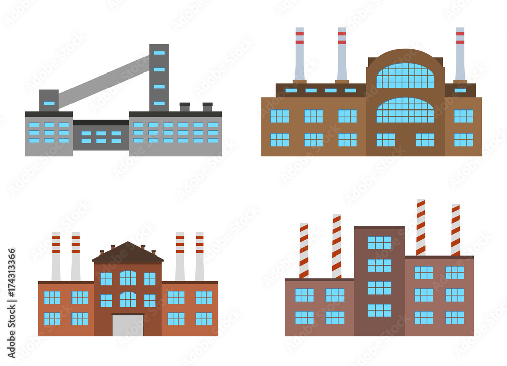 Obraz premium Factories set isolated on white background. Factory icon in the flat style. Industrial factory building.