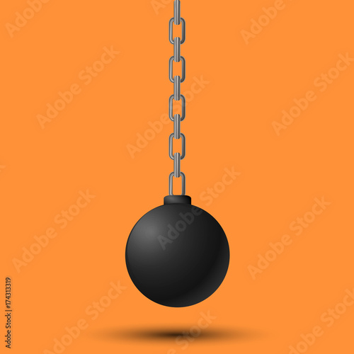 Wrecking ball. Demolition sphere hanging on chains. Vector illustration on orange