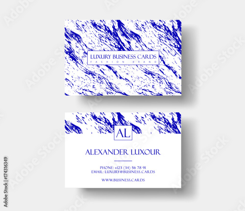 Creative modern fashioner business card, with abstract blue marble texture. Vector design concept. For stylist, makeup artist, photographer. Stylish elegant business cards template. Vector