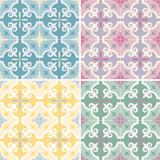 Set of traditional ornate portuguese oriental geometric ceramic tiles azulejos, 4 color variations in blue, yellow, pink and green. Vintage pattern. Abstract background. Vector illustration.
