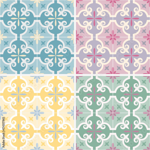 Set of traditional ornate portuguese oriental geometric ceramic tiles azulejos  4 color variations in blue  yellow  pink and green. Vintage pattern. Abstract background. Vector illustration.  