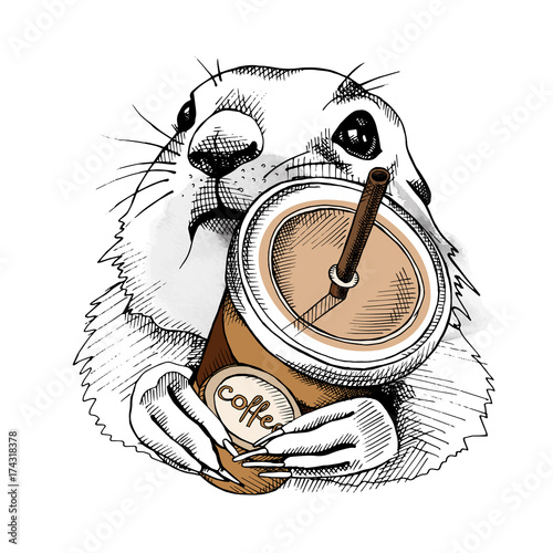 Prairie Dog Portrait with Coffee in the plastic cup. Vector illustration.