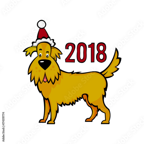 Yellow earthen dog in the New Year's cap. Symbol of 2018 on the eastern calendar isolated on white background. A faithful animal.