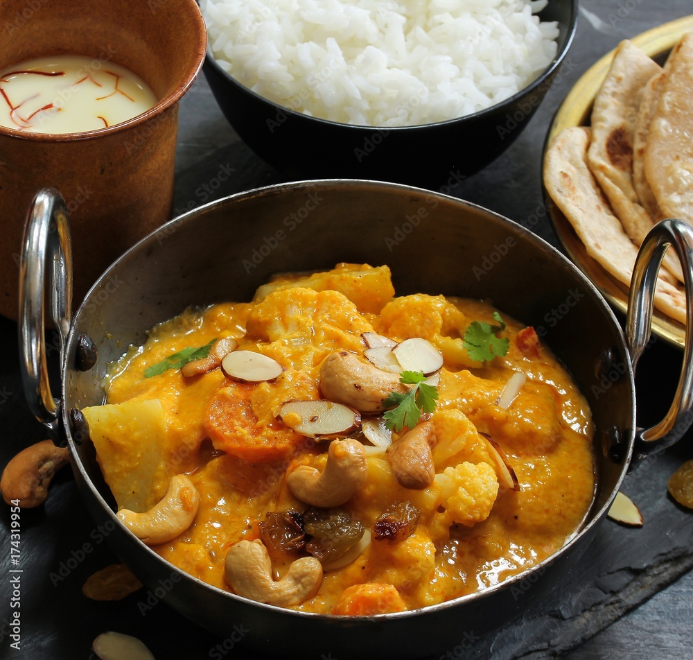 Vegetable or Navratan Korma - Indian Mixed Veg Curry served with Roti and rice