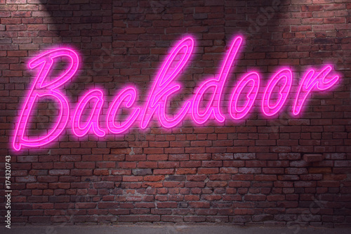 Tableau sur toile Leuchtreklame Backdoor an Ziegelsteinmauer