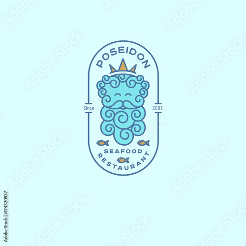 Poseidon logo. Neptune logo. Seafood restaurant emblems. Poseidon in the crown and fish with letters in the oval badge. Linear logo.