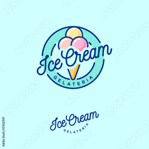 Logo Ice cream. Italian ice cream emblem. Ice cream in a waffle cone with letters in a circle.