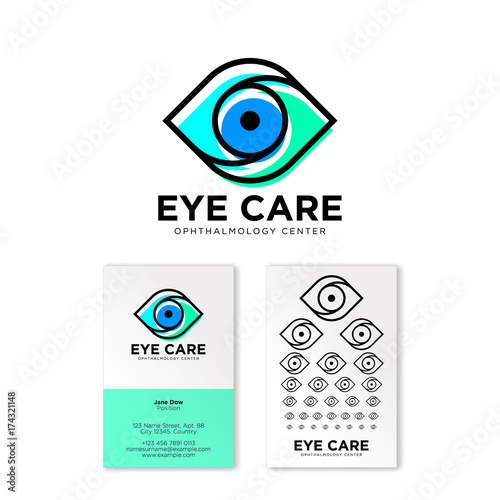 Ophthalmologic clinic flat logo. Eye care emblems. Contour logo. Creative business card with a test vision table