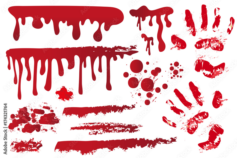 Set realistic bloody streaks. Handprint in the blood. Red splashes, spray, stains. Drops, drippings of bloodstains Isolated on white background. Halloween Concept.  Vector illustration - obrazy, fototapety, plakaty 