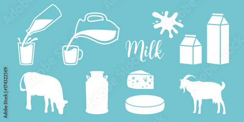 Cow silhouette,  diary,  cheese,  goat,  milk can,  bottle,  jar on blue background. Flat. Concept idea for diary,  shop