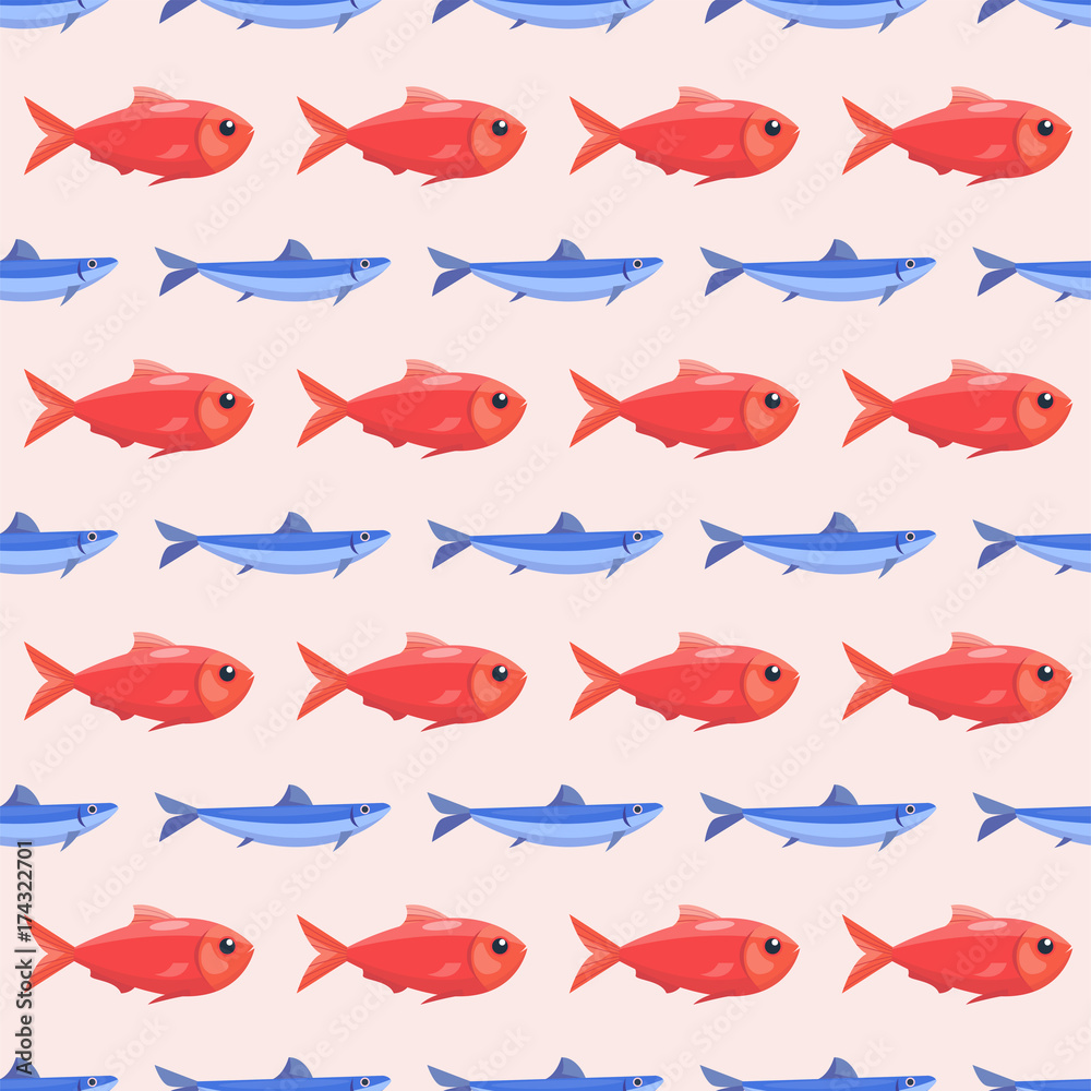 Funny fish seamless pattern sea food marine life background with tuna vector illustration