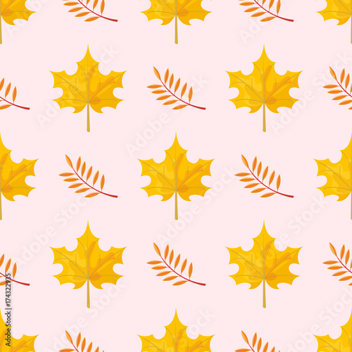 Autumn yellow maple leaf season nature seamless pattern plant foliage bright decoration natural vector illustration.