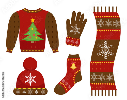 Winter warm clothes icon set, flat style. Christmas clothing,apparel collection with patterns. Hat, scarf, gloves, sweater. Isolated on white background. Vector illustration
