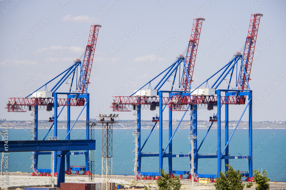 Deserted port terminal in a harbour for loading and offloading cargo ships and freight with rows of large industrial cranes to lift goods off the decks and from the holds Deserted port terminal in a harbour for loading and offloading cargo ships and freight with rows of large industrial cranes to lift goods off the decks and from the holds