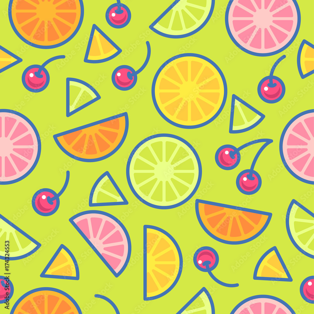 Seamless pattern. Pieces of oranges, limes, lemons and cherries on a blue background. Seamless pattern. Pieces of oranges, limes, lemons and cherries on a blue background.