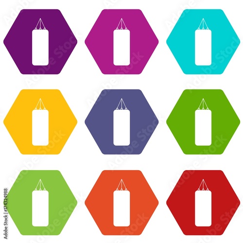 Punching bag for boxing icon set color hexahedron