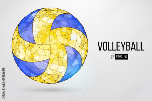 Silhouette of a volleyball ball. Dots, lines, triangles, text, color effects and background on a separate layers, color can be changed in one click. Vector illustration.
