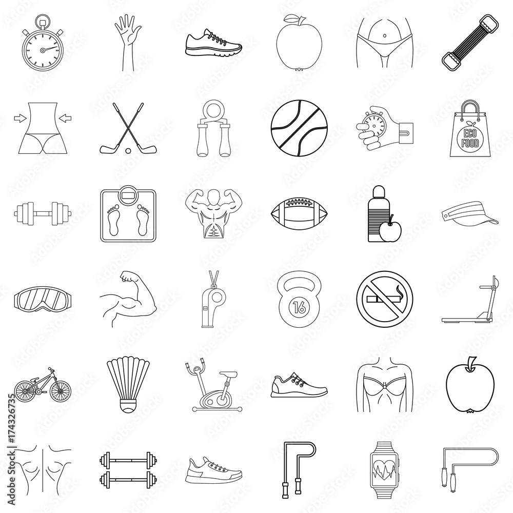 Fitness icons set, outline style Fitness icons set, outline style