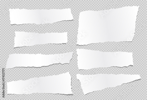 Ripped white note, notebook, copybook paper strips on gray squared background.