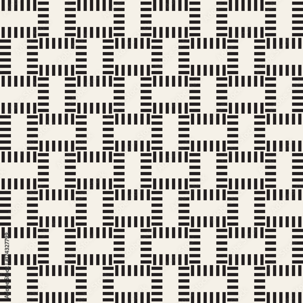 Crosshatch vector seamless geometric pattern. Crossed graphic rectangles background. Checkered motif. Seamless black and white texture of crosshatched lines. Trellis simple fabric print. Crosshatch vector seamless geometric pattern. Crossed graphic rectangles background. Checkered motif. Seamless black and white texture of crosshatched lines. Trellis simple fabric print.