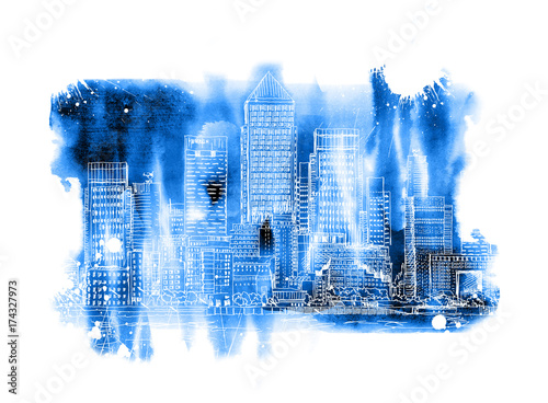 Fototapeta Canary Wharf business aria, London, Sketch with colourful water colour effects 