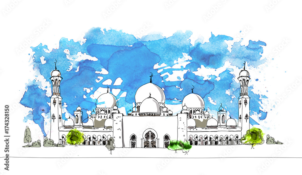 United Arab Emirates mosque, artistic sketch background. Sketch with colourful water colour effects