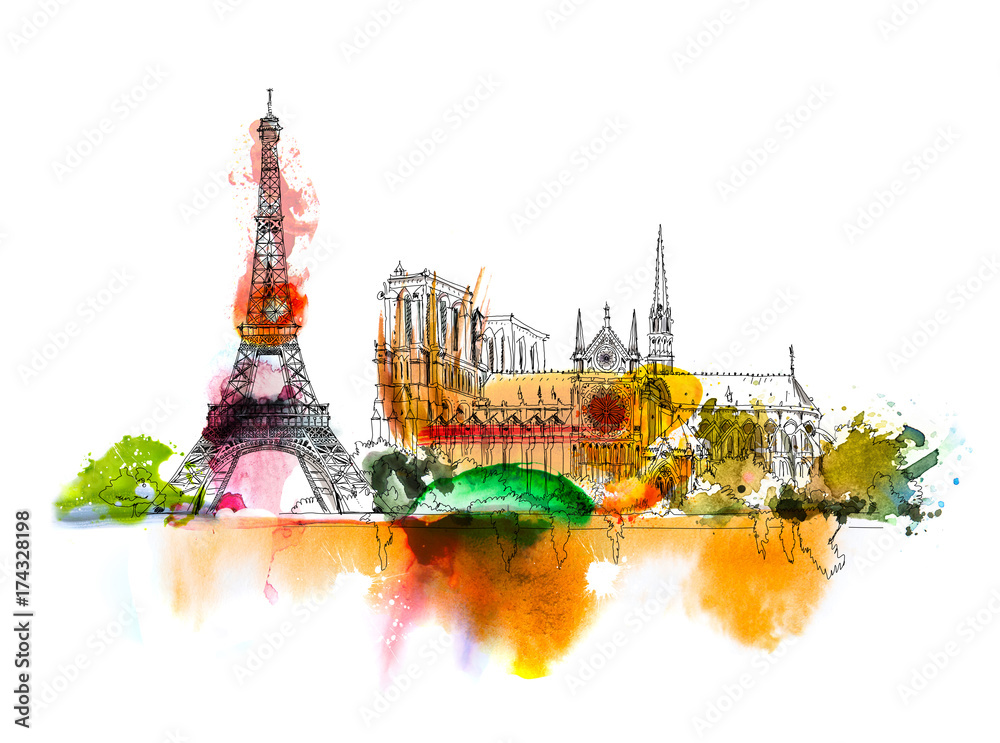 Sketch of Notre dame de Paris and Eiffel tower. Sketch with colourful water  colour effects Stock Illustration | Adobe Stock