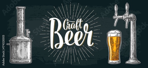 Beer set with tap, class, can, bottle and tanks from brewery factory.