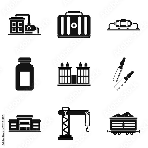 Processing factory icons set, simple style