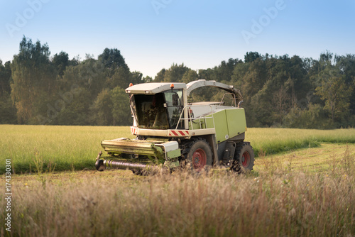 harvester in work on the green field under the blue sky and green forest © Mak