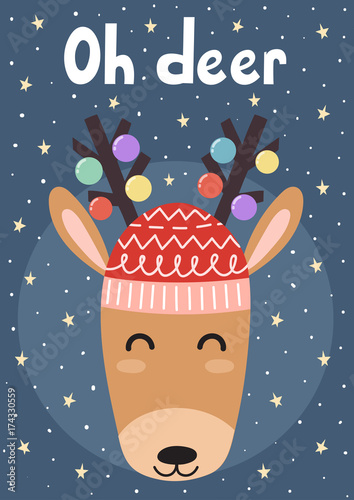 Oh deer christmas greeting card/postcard. Vector illustration