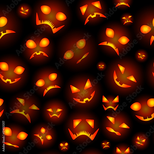 Seamless background from pumpkins for Halloween. Different emotions on faces. Orange color on black. Poster or banner for the invitation